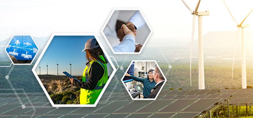 nrel-ts-kv-hero Renewable energy types, including wind turbines and solar panels, overlaid with images of people shaking hands and looking at computers.
