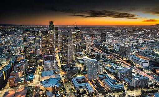 Los Angeles cityscape at sunset.