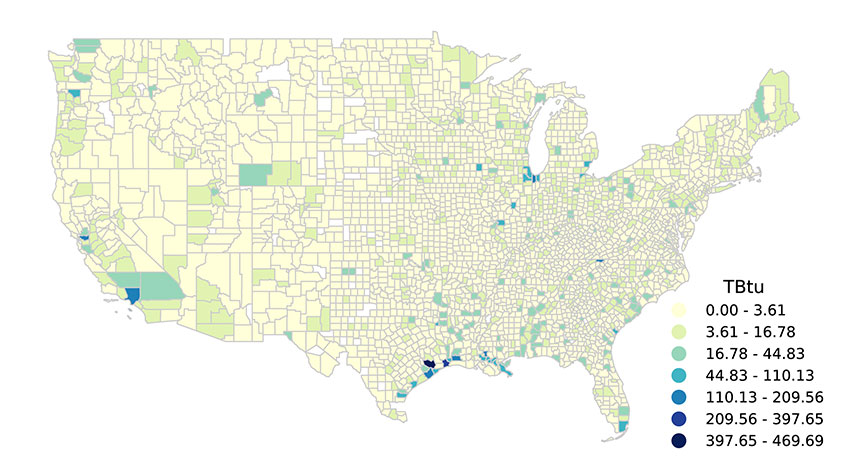 test-map-headtail Map of U.S. process heat demand. Counties in Texas, Florida, California, Oregon, Iowa, Illinois, and Missouri have the highest demand.