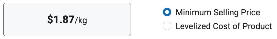 Minimum Selling Price selected; Levelized Cost of Product unselected; $2.03/kg displaying