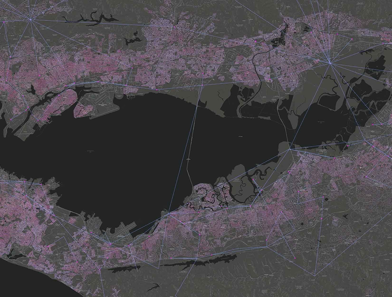 Map of a town around a body of water.