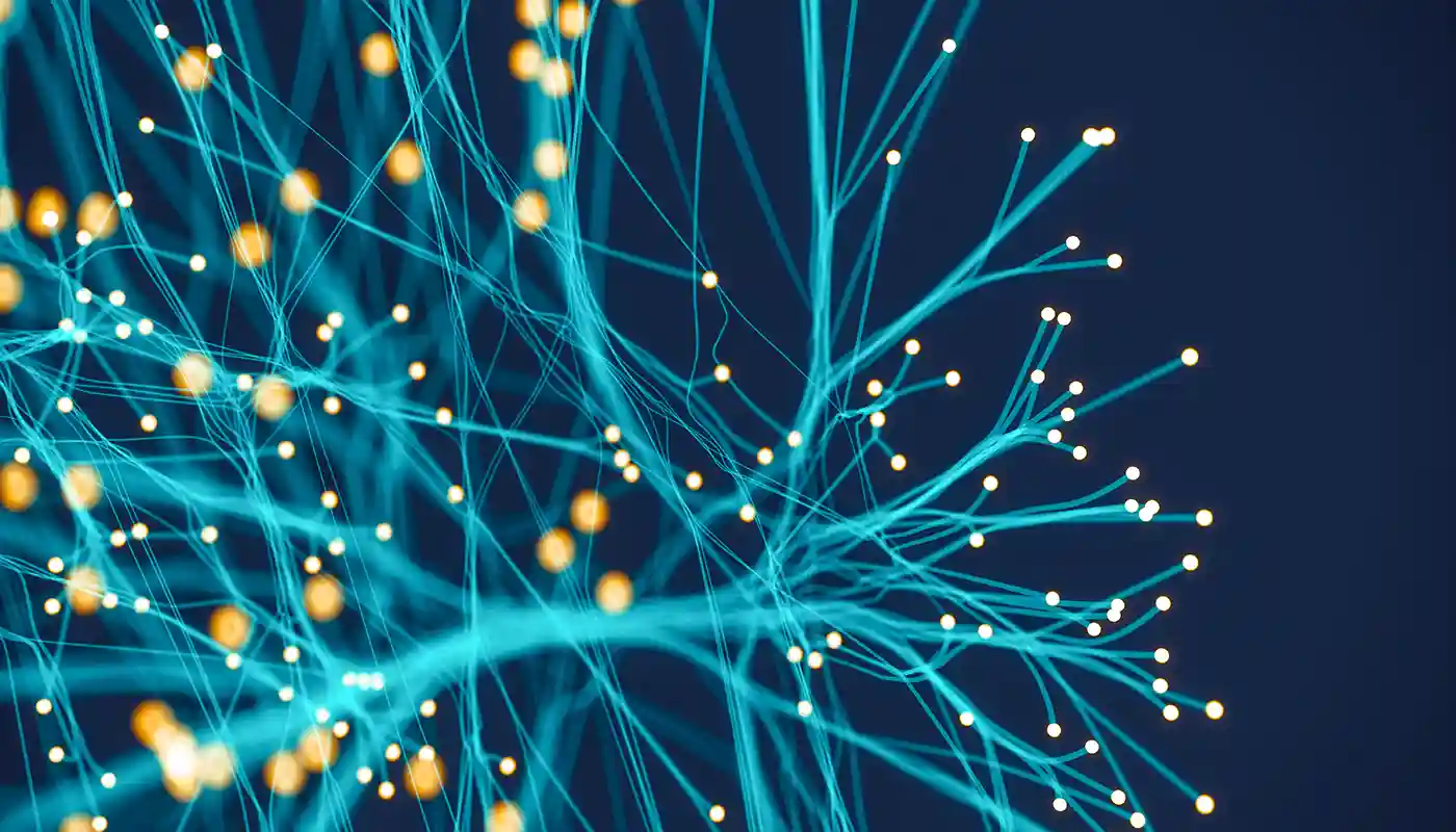 Conceptual lights and threads representing a network.