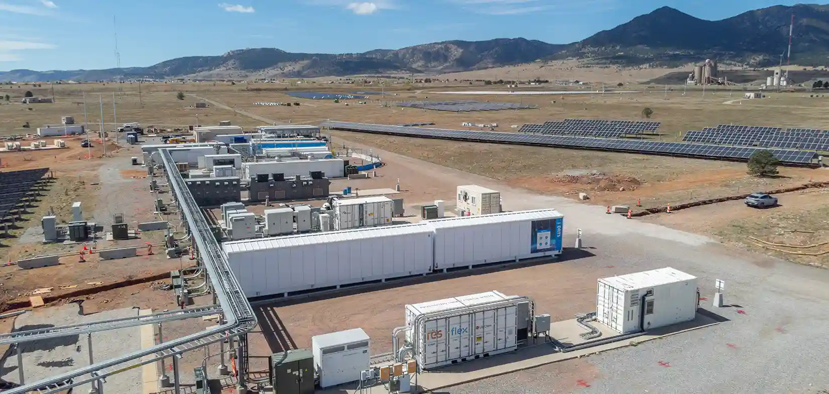 106009-hero Aerial view of Flatirons campus showing data storage facilities and solar panel array.