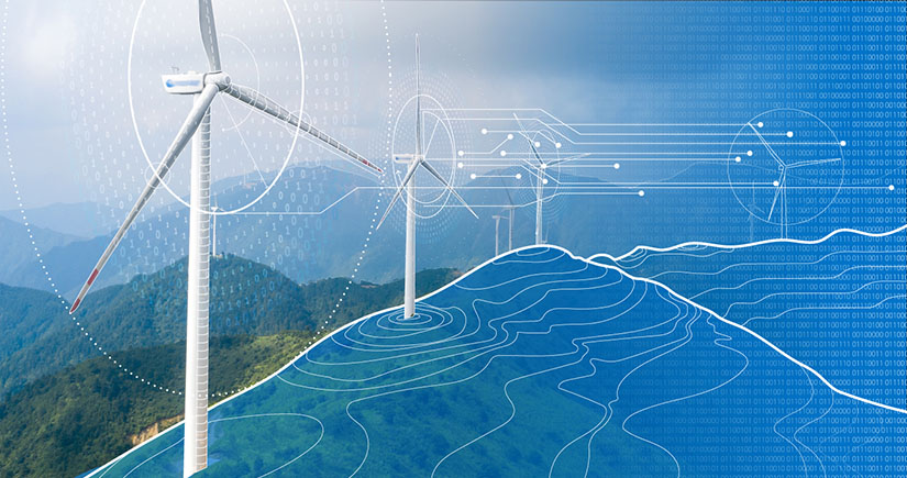 cybersecurity-for-distributed-energy-resources Illustration of wind turbines on hill , elevation lines on hill, and wind lines forced toward and away from the turbine blades, with binary code overlayed.