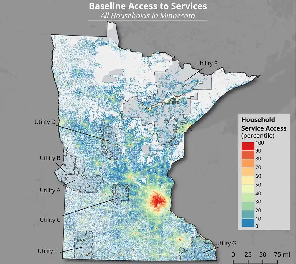 A graphic of the state of Minnesota and utility service areas, overlaid with a colorized scale indicating household service access percentile.