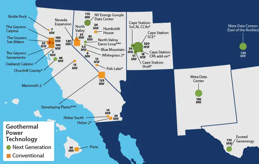 Geothermal Power Technology map of western United States showing locations of next generation geothermal and conventional geothermal.