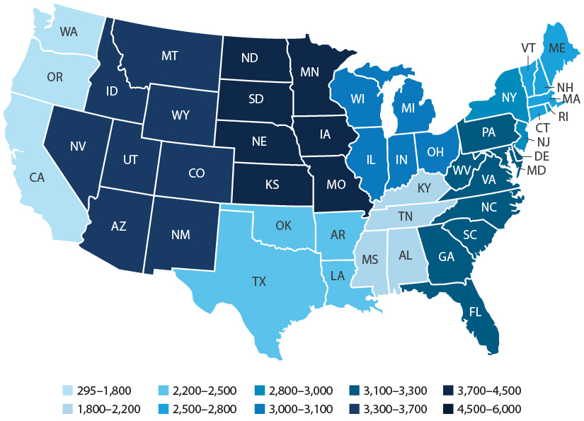 Map of the United States showing the number of commercial buildings with GHPs.