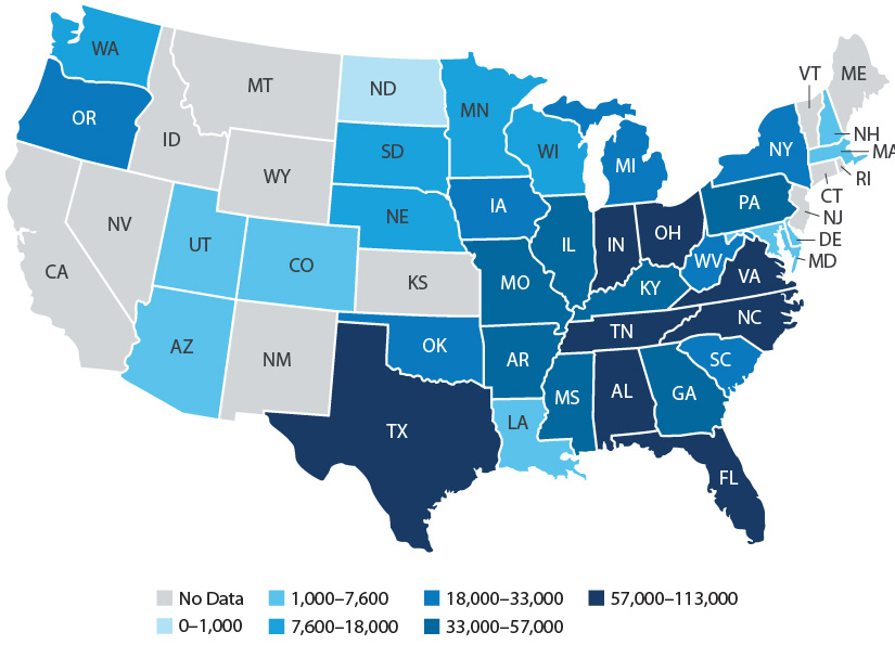 Map of the United States showing the number of residential housing units with GHPs.