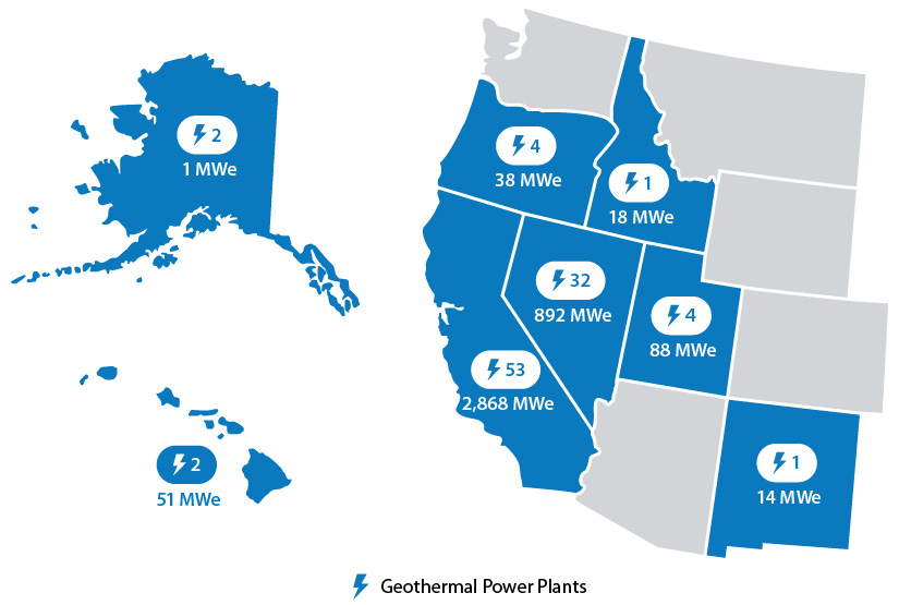 Western United States displaying the number of installed geothermal power plants.