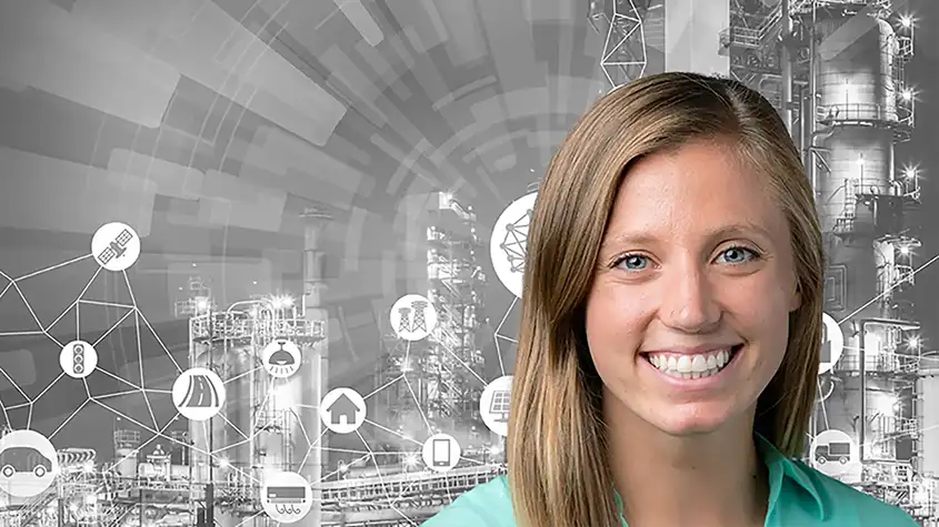 alli-werner-masterminds A smiling woman’s face overlain on a background of black- and- white manufacturing images and icons