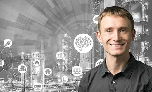 manufacturing-masterminds-andriy-zakutayev-nrel-510x310 Andriy Zakutayev overlain on a black-and-white background of manufacturing facilities and icons.