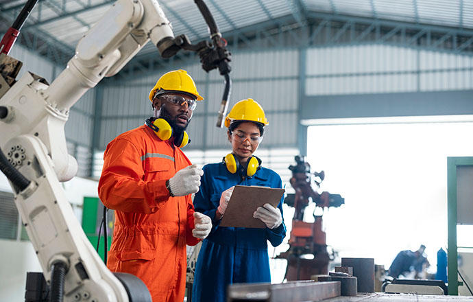 Two people analyze robotic arm inside lab.