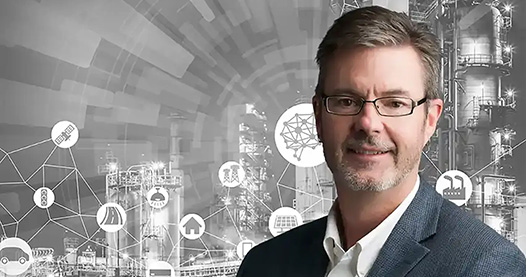 Portrait of Steve Hammond with a manufacturing graphic.