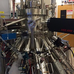 molecular_beam_epitaxy Photo of depositional chamber for molecular beam epitaxy at NREL showing various ports where the sample substrate and various elemental sources are introduced into the system.