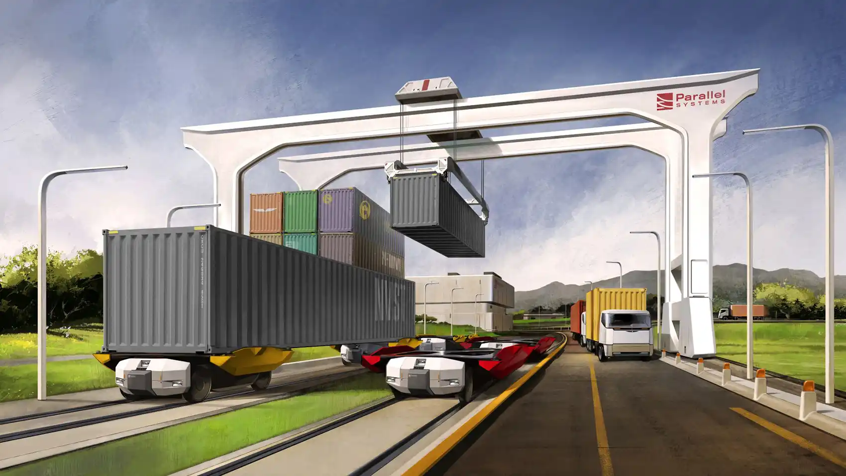 An illustration of a container being loaded onto a Parallel rail vehicle. It is pictured alongside a truck carrying a similar intermodal container, showing that Parallel vehicles could compete with the trucking industry.