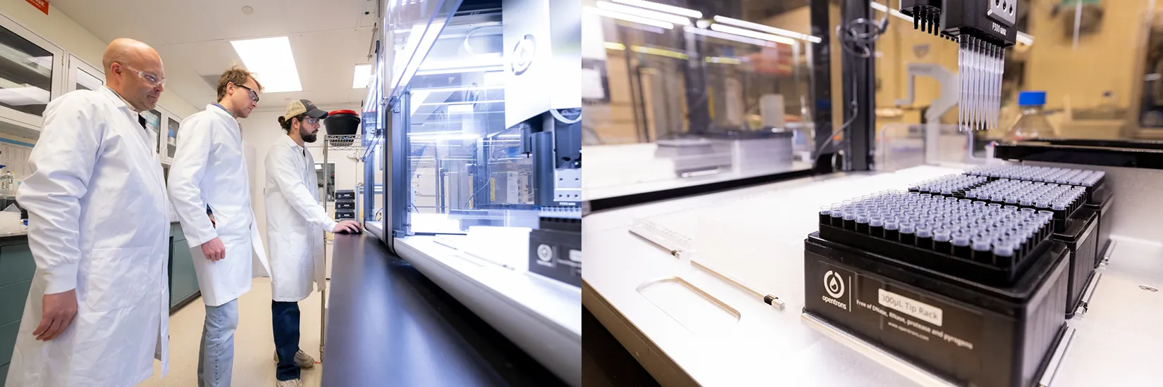 20260326-why-use-living-cells-nlr-is-making-chemicals-with-enzymes-alone-automated-liquid-handling-robot-102147-102140 A researcher works with an automated liquid handler robot, which rapidly prepares samples, while two other researchers observe.