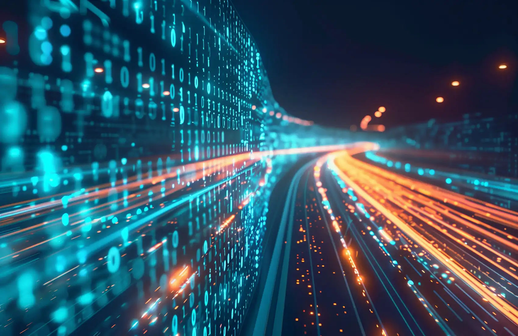 20261021-super-intelligence-speeds-up-transportation-research-at-national-laboratory-of-the-rockies-862538774 Streams of binary data follow a dark highway.