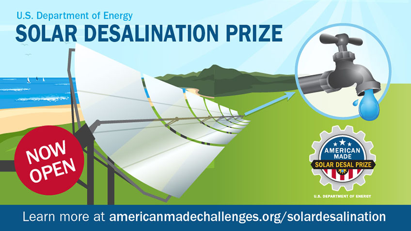 A landscape graphic showing a an ocean beach, water faucet, and solar mirrors with the words 
