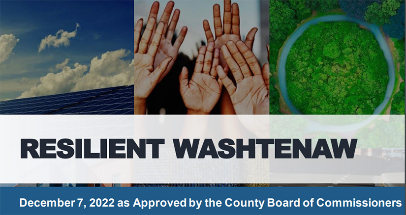 Side-by-side images of solar panels and sky, palms of hands, and greenery above the text Resilient Washtenaw.