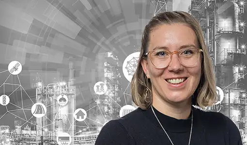Continue reading about A headshot of Taylor Uekert in front of an illustration that includes icons related to manufacturing