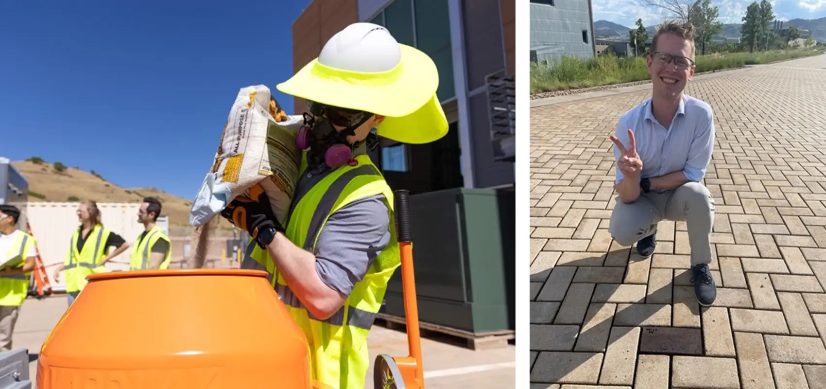 20260127-lessons-in-chemistry-from-a-healthily-stubborn-engineer-1 (left) Paul wearing a respirator and other protective gear while pouring material into a mixer. (right) Paul crouches on a brick walkway near a brick that is darker than the others.