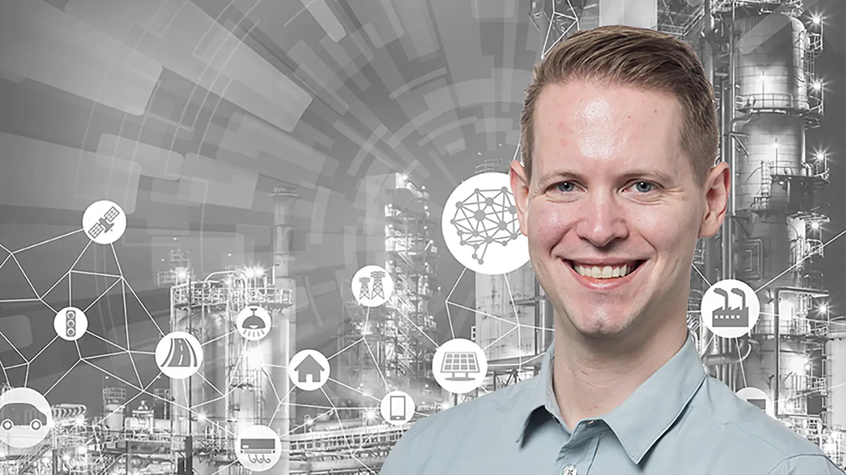 20260127-lessons-in-chemistry-from-a-healthily-stubborn-engineer-paul-2 Portrait of Paul Meyer in front of manufacturing graphic.