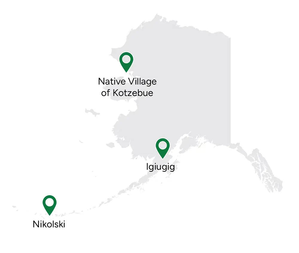 A map of Alaska with three labeled locations.
