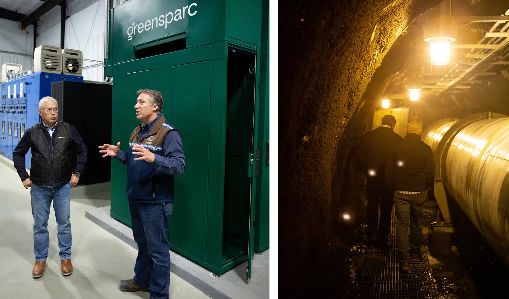 Left, two people stand inside a data center facility. Right, two people walk in a tunnel next to hydroelectric infrastructure.