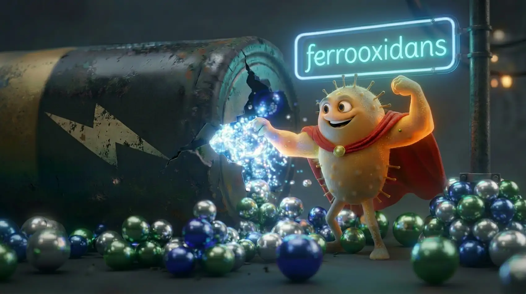 An AI-generated illustration of a microbe in a red cape pulling balls of metal out of an old, cracked battery with the label