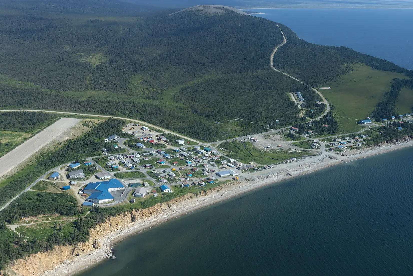 An aerial photo of the coastal community of Elim, Alaska