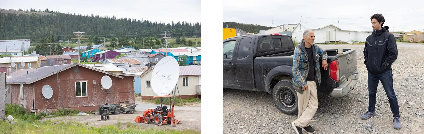 20260727-the-fast-lane-3-ways-geothermal-companies-can-get-more-heat-090711- (left): Multicolored houses sit beneath transmission lines; (right): Two people talk while standing next to a pickup truck with buildings and transmission lines in the background