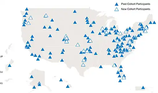 Continue reading about Map of the United States with triangle icons depicting E2C cohort locations.