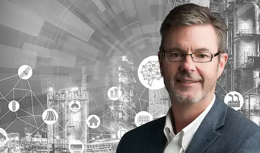 Portrait of Steve Hammond with a manufacturing graphic.