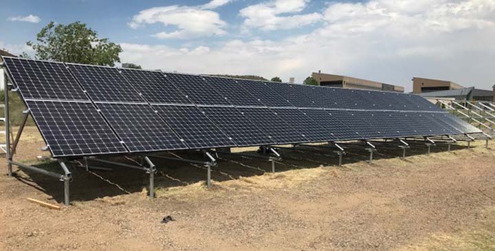 Photo of a row of solar panels installed at NREL.  Panasonic PV Lifetime installation at NREL.