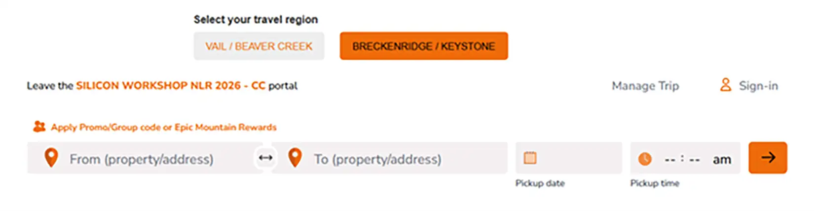 A screenshot of the Epic Mountain Express trip manager.