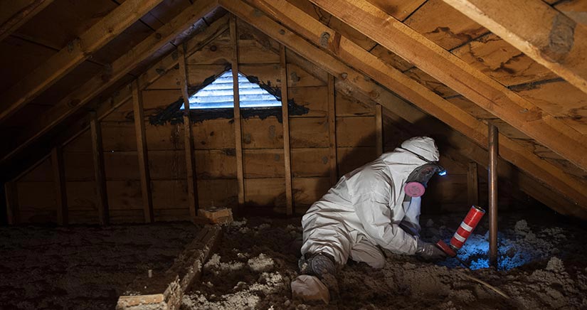 28794-body Man in attic inspecting and installing materials for weatherization.