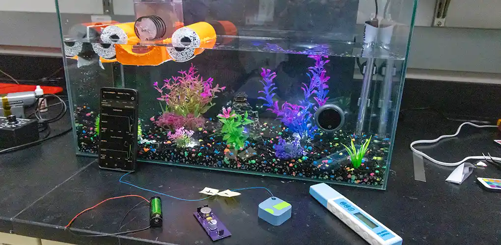 Experimental fish tank with thermomagnetic generator equipment