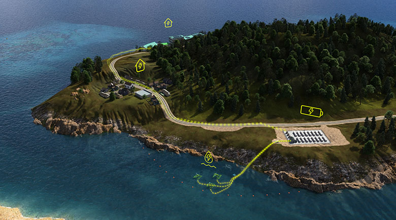 rediisland-tidaltown-rightfloat A computer visual of an island overlain with icons of energy flow from water to batteries to houses.