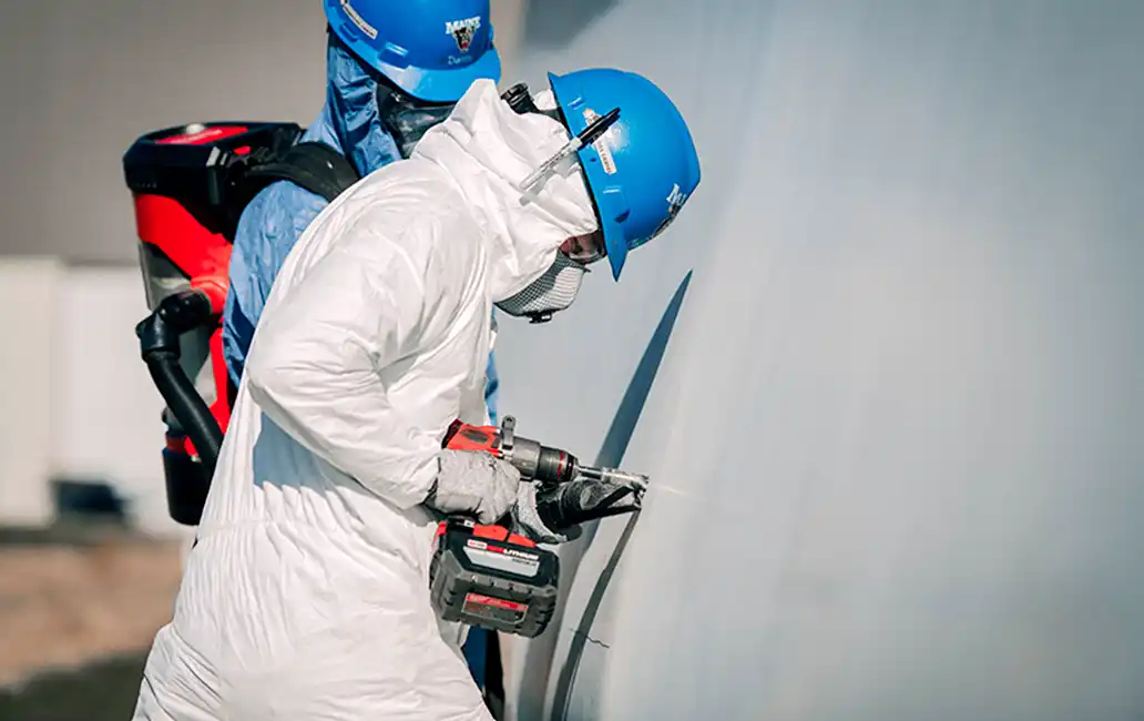 Two construction crew members drill into wind turbine.
