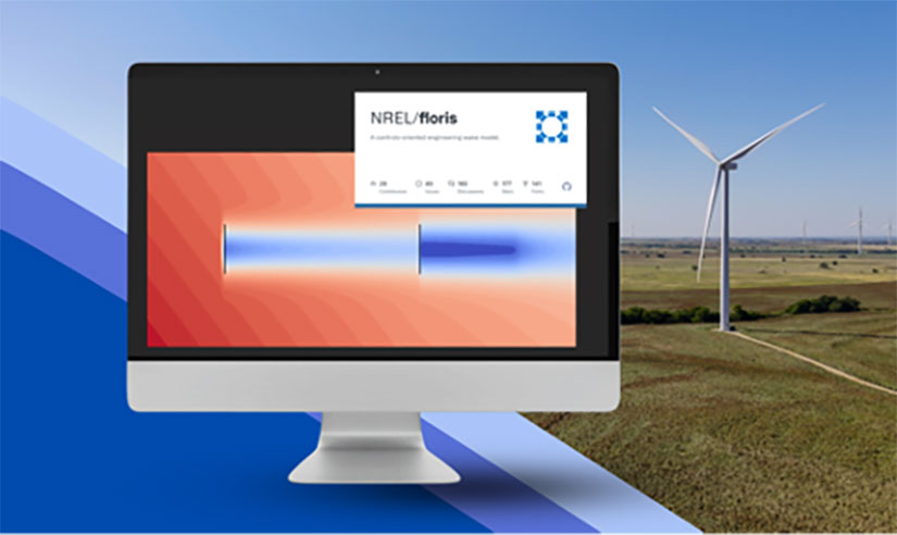 floris-computer Illustration of desktop computer screen with FLORIS on it with image of wind turbine in a field in the background